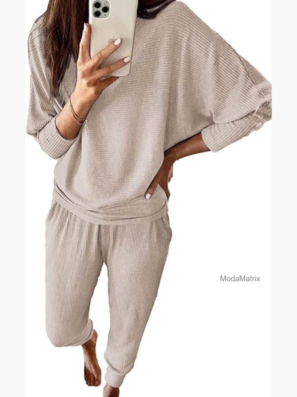 2 Piece Lounge Set Long Sleeve Top Ribbed Pants Tracksuit